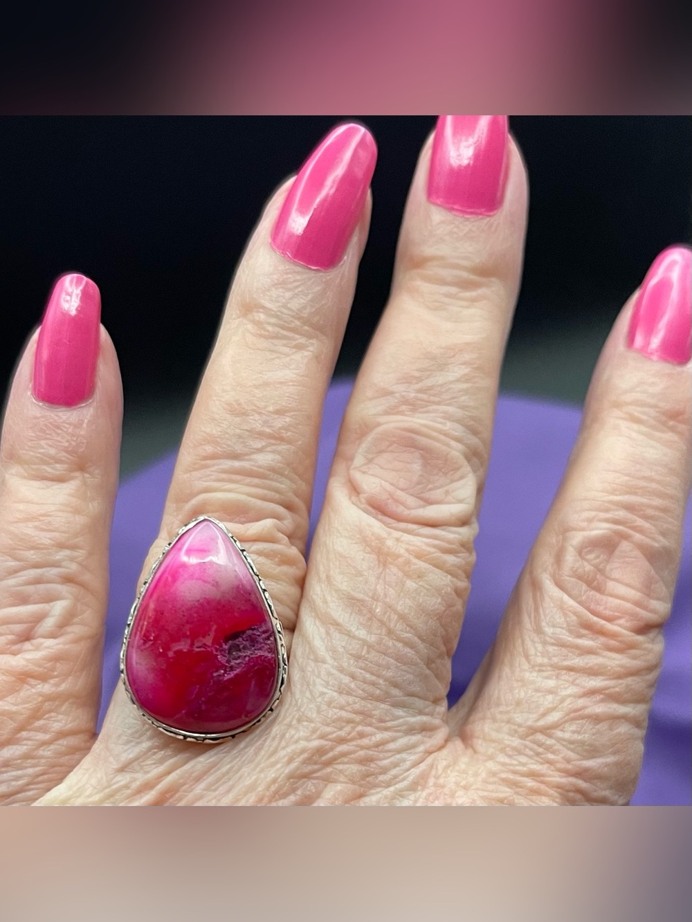 Vintage NWOT .925 SS Pink Agate statement ring size 9 …. 6.84 g - Picture 8 of 10